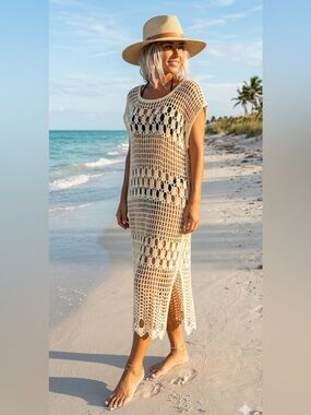 BEACH TIME Cream Crochet short sleeved Swim Cover-Up/Breach Dress Size Large